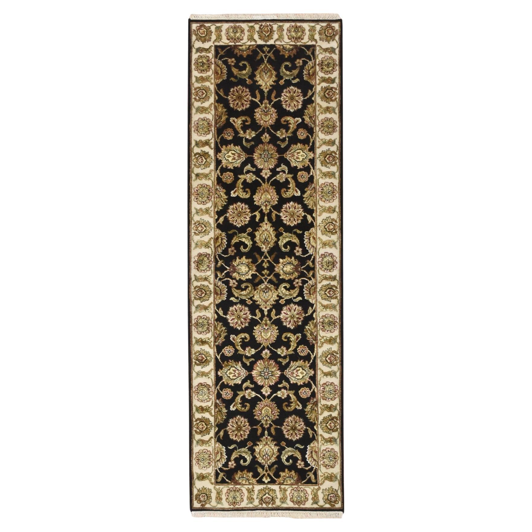2'6"x8' Black Rajasthan with Leaf Design Hand Knotted Wool and Silk Runner Rug