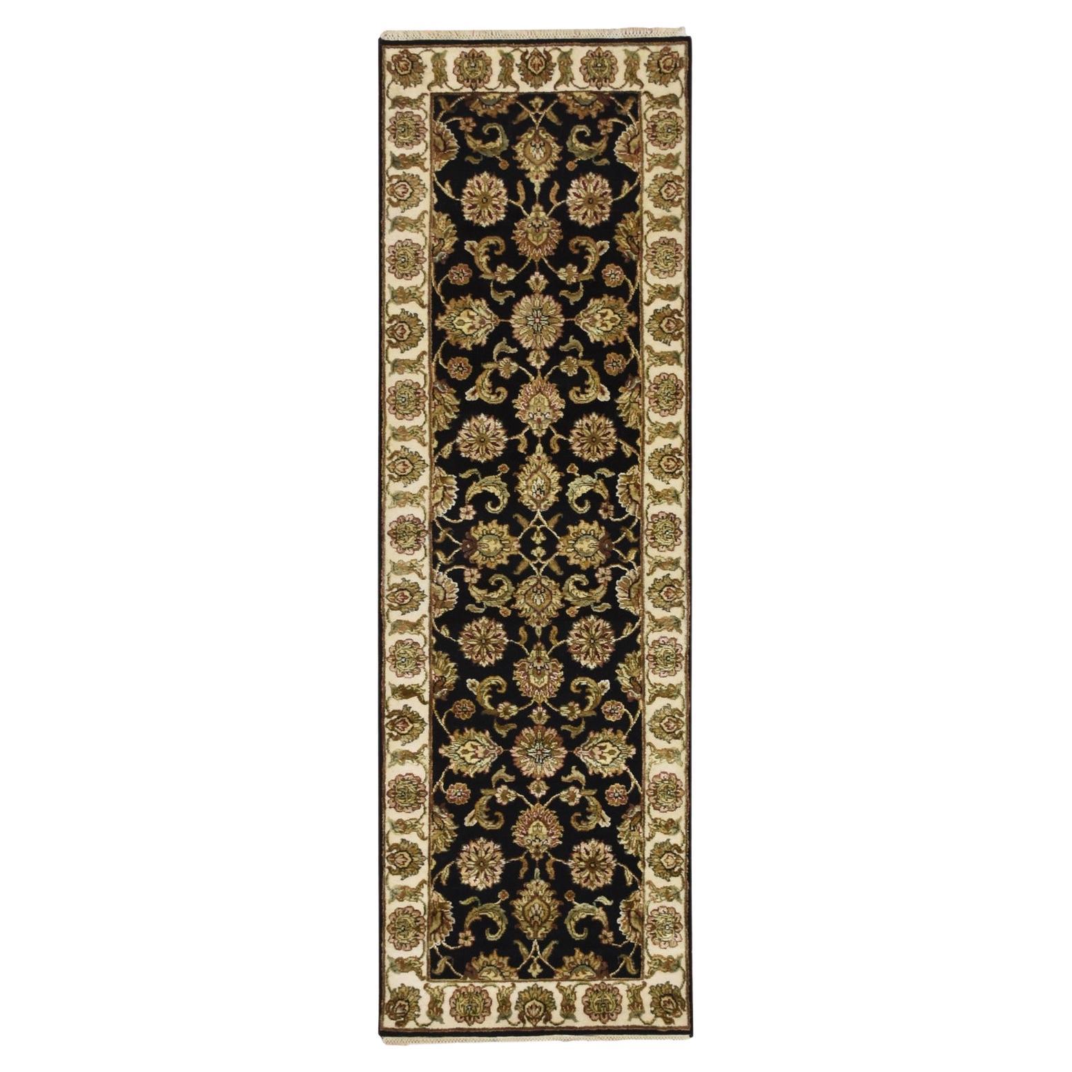 2'6 "x8' Rajasthan nero con design a foglie annodato a mano in lana e seta