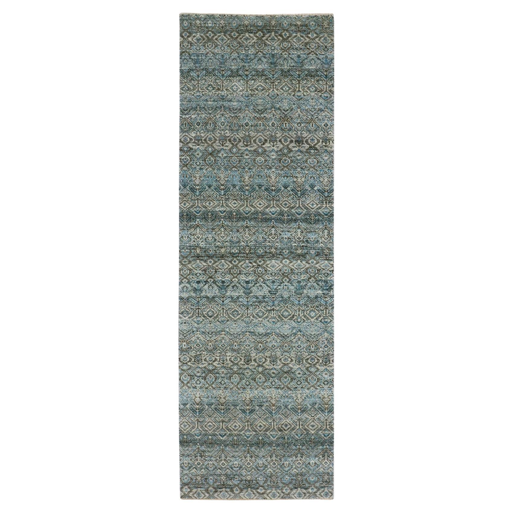 Tappeto Runner in Lana Herrita con forma di diamante blu annodato a mano 2'6 "x8'