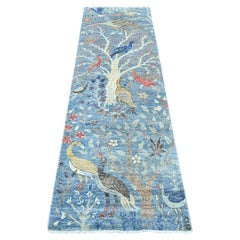 2'6"x8' Blue Peshawar Birds of Paradise Design Hand Knotted Wool Runner Rug