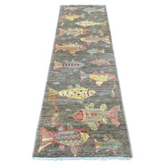 2'6 "x8' Brauner handgeknüpfter afghanischer Peshawar Oceanic Fish Design Wollteppich