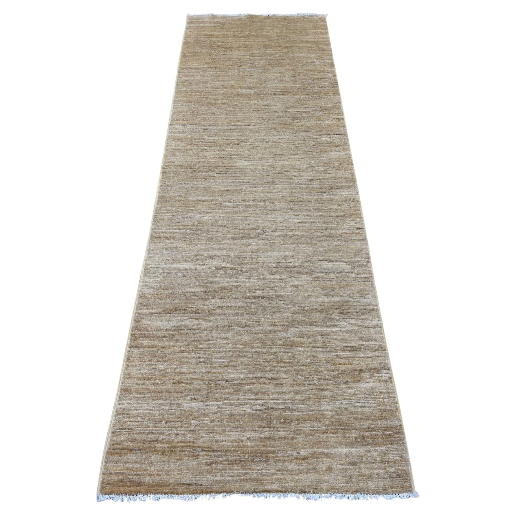 2'6"x8' Brown Plain Solid Pattern Hand Knotted Ghazni Wool Runner Oriental Rug For Sale