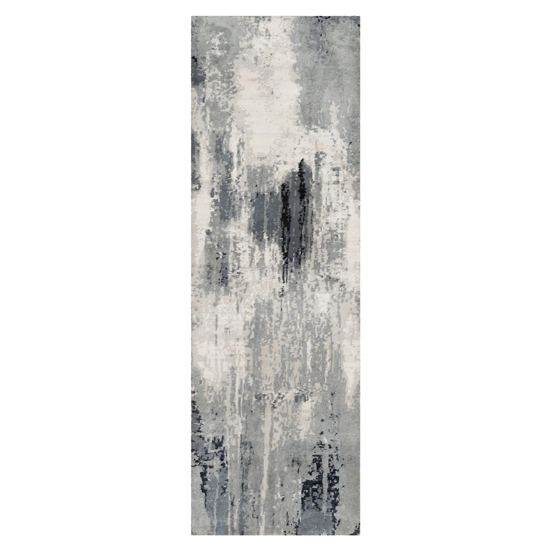 2'6 "x8' Holzkohle Schwarz mit Perlweiß Abstraktes Design Handgeknüpfter Wollteppich