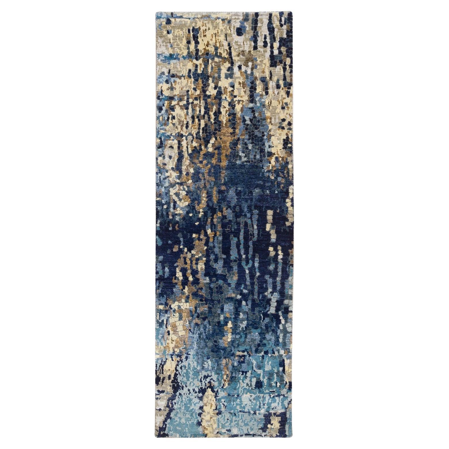 2'6"x8' Denim Blue Hand Knotted, Mosaic Design Wool and Silk Runner Rug