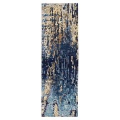 2'6 "x8' Tapis de course en laine et soie bleu denim, noué à la main et à motif mosaïque