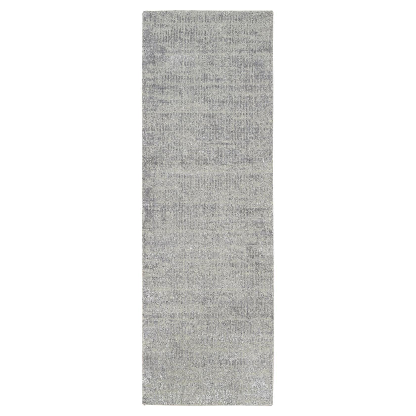 Alfombra moderna de lana y seda tejida a mano en jacquard fino gris extra suave de 2'6 "x8'