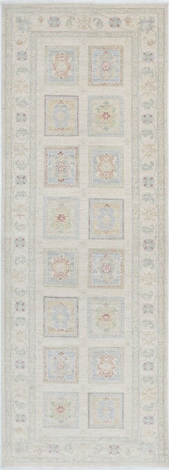 2.6x8 ft Hand Knotted Ivory, Light Blue, Pale Pink Wool Runner Rug. Corridor Rug