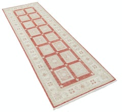 2.6x8 ft Hand Knotted Red, Ivory Wool Runner Rug. Geometric Style Corridor Rug