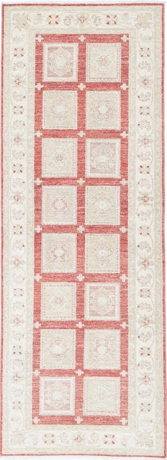 2.6x8 ft Hand Knotted Red, Ivory Wool Runner Rug. Geometric Style Corridor Rug