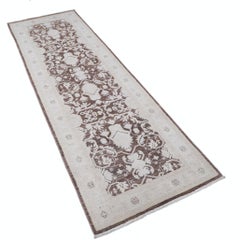 2.6x8 ft Hand Knotted Turkish Kitchen Runner Rug in Beige, Brown. Corridor Rug