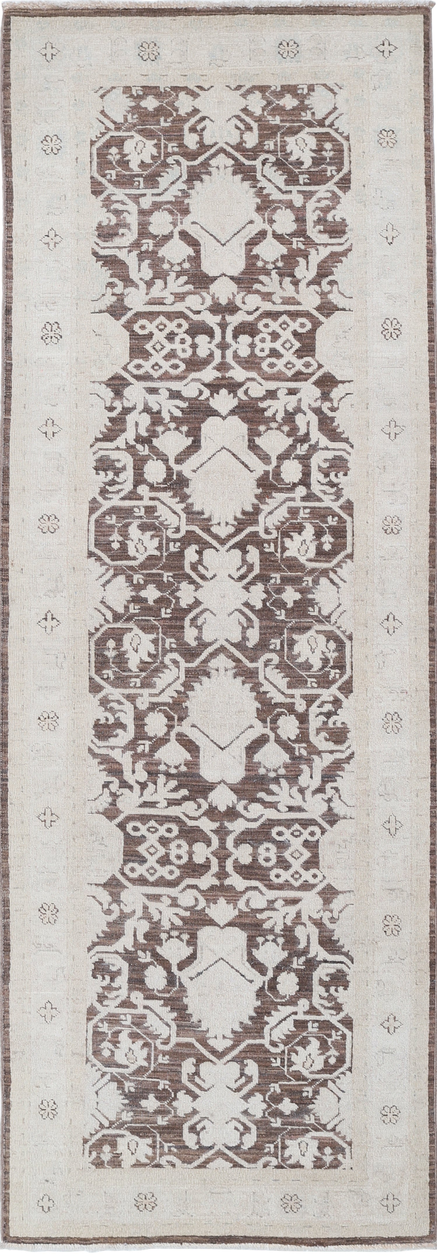 2.6x8 ft Hand Knotted Turkish Kitchen Runner Rug in Beige, Brown. Corridor Rug
