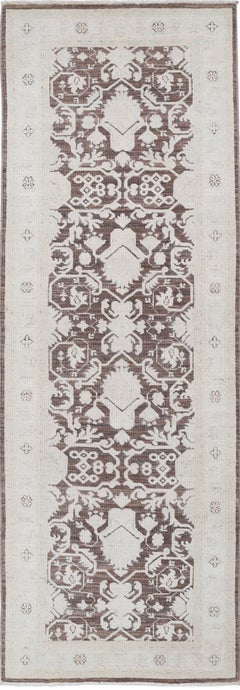 2.6x8 ft Hand Knotted Turkish Kitchen Runner Rug in Beige, Brown. Corridor Rug
