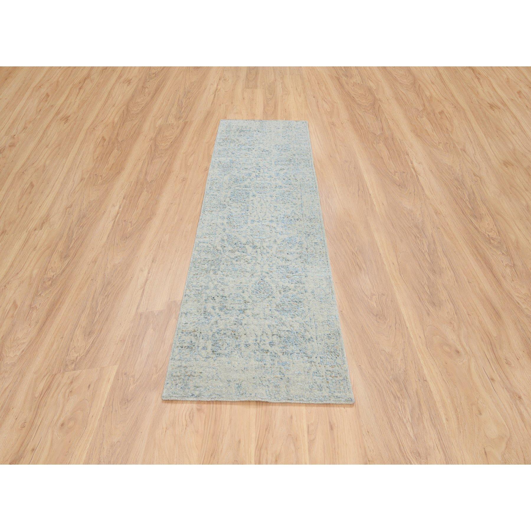 This is a truly genuine one-of-a-kind Gray with Touches of Blue, Jacquard Hand Loomed, Tabriz Design Wool and Plant Based Silk, Runner Oriental Rug. It has been Loomed for months and months in the centuries-old weaving craftsmanship techniques by