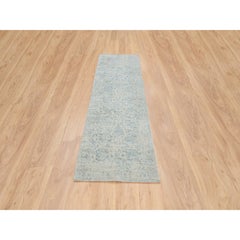2'6"x8' Gray, Jacquard Hand Loomed, Tabriz Design Wool and Silk Runner Rug