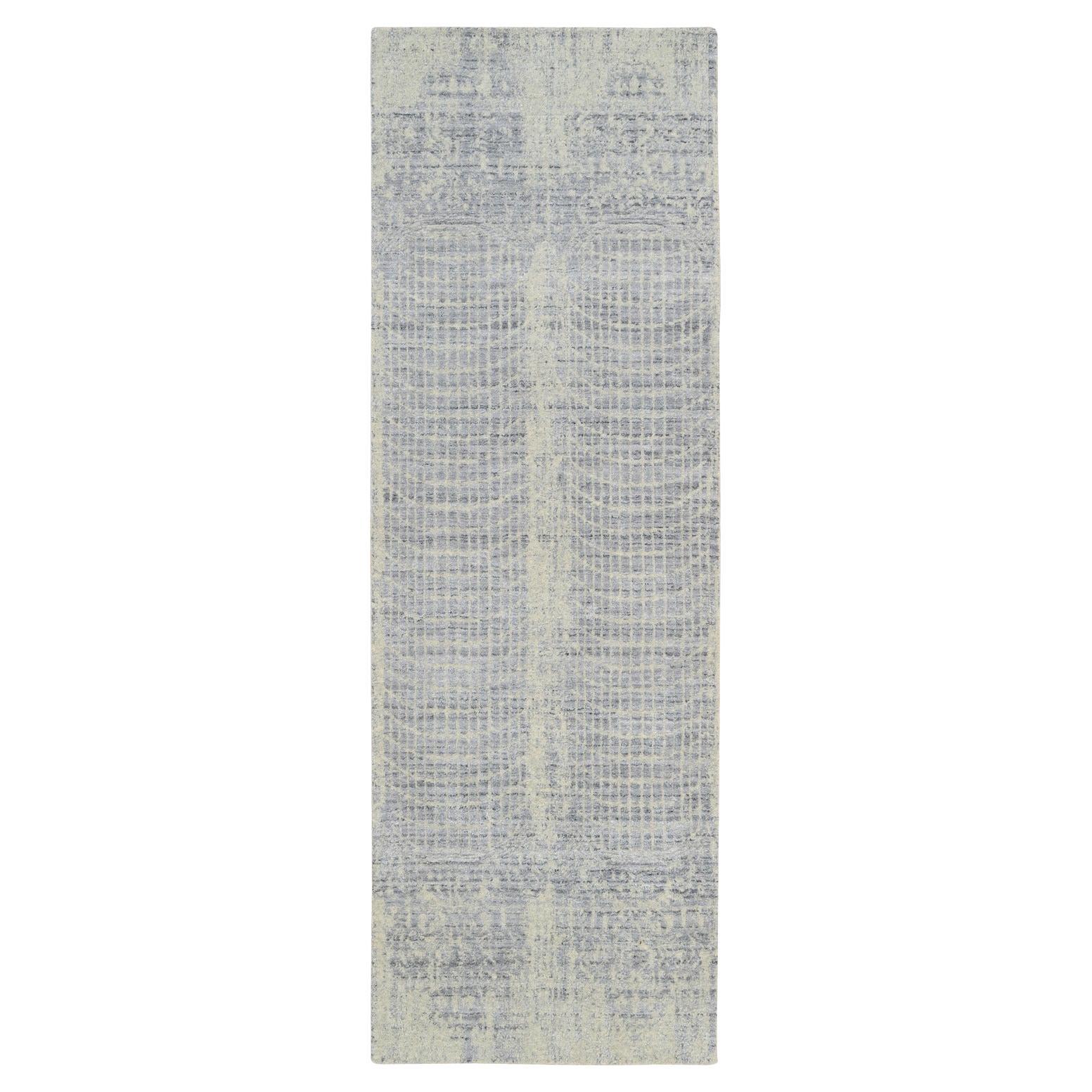 Tappeto Runner Jacquard grigio 2'6 "x8' in lana e seta vegetale, lavorato a mano