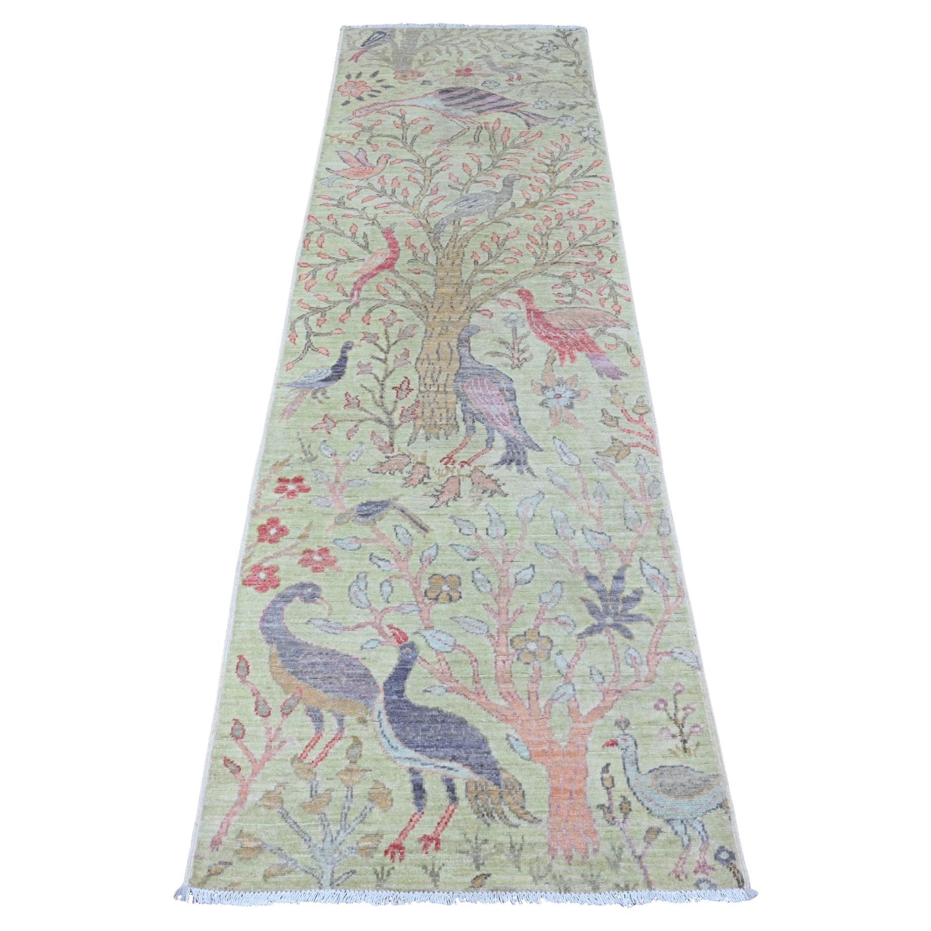 Tappeto Runner in lana verde annodato a mano Peshawar Birds of Paradise Design/One 2'6 "x8'