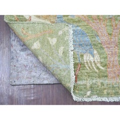 2'6"x8' Green Peshawar Birds of Paradise Design Hand Knotted Wool Runner Rug