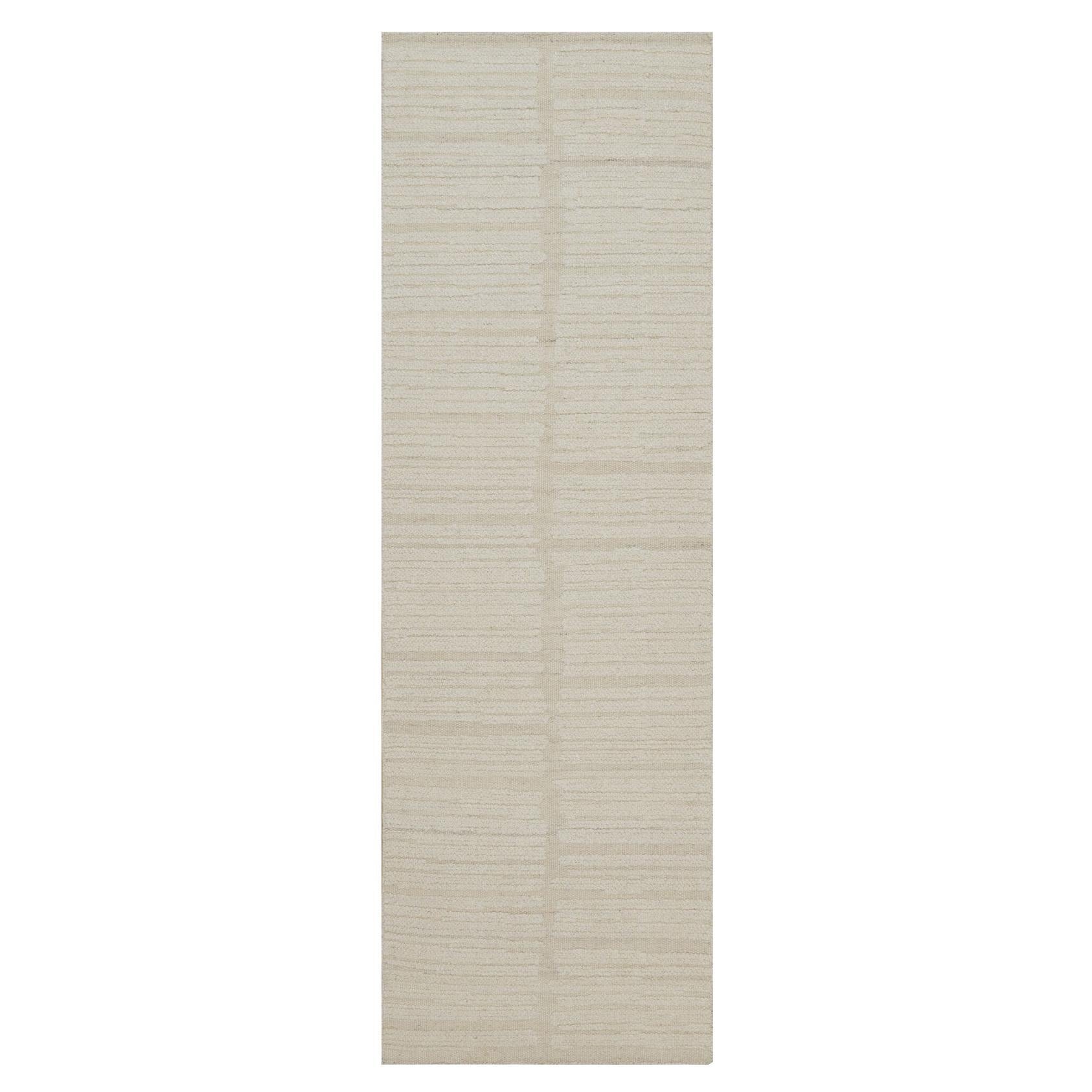 2'6"x8' Ivory Hand Knotted Wool Modern Piled Flat Weave Textured Runner Rug