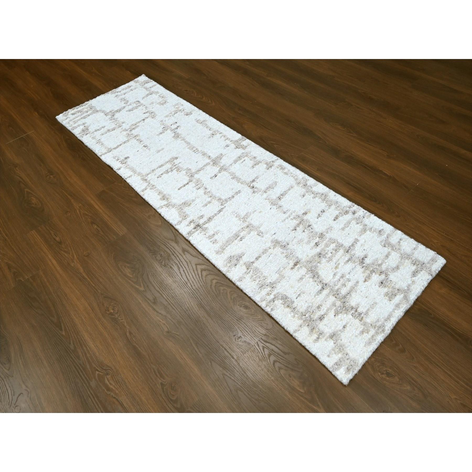 Alabaster White, Minimalist Swedish Design, Hand Knotted, Organic Wool, Runner, Oriental Rug
Primary materials: Wool
Latex: No Pile 
height: 0.25 Inches
Style: Contemporary
Primary color: Ivory
Secondary colors: Beige, Brown
Pattern: Oriental