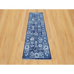 2'6"x8' Nova Blue Hand Knotted Tebraz Leaf Design Wool and Silk Runner Rug