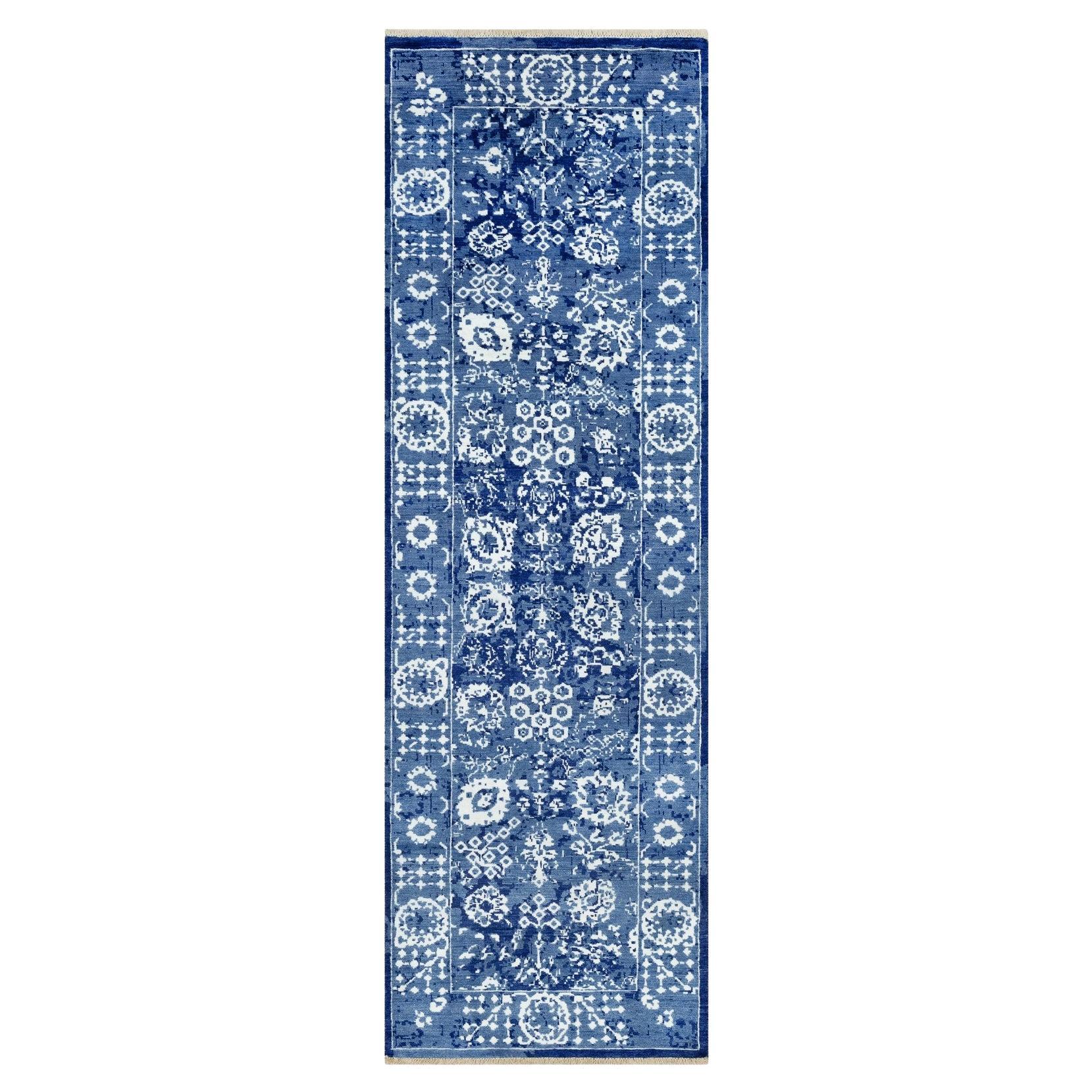 2'6 "x8' Nova Blue Tappeto Runner in lana e seta annodato a mano con motivo a foglie di Tebraz