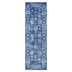 2'6 "x8' Nova Blue Tappeto Runner in lana e seta annodato a mano con motivo a foglie di Tebraz