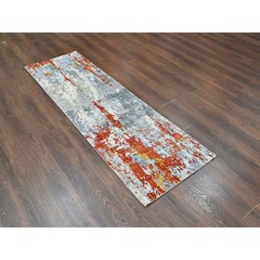 2'6"x8' Orange with Gray Abstract Design Hand Knotted Wool and Silk Runner Rug