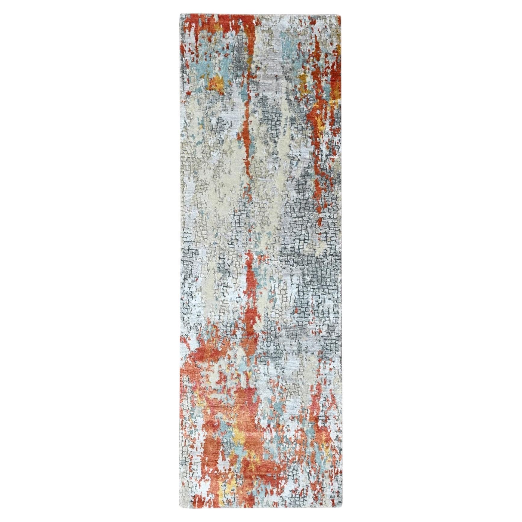 2'6"x8' Orange with Gray Abstract Design Hand Knotted Wool and Silk Runner Rug