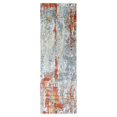 2'6"x8' Orange with Gray Abstract Design Hand Knotted Wool and Silk Runner Rug