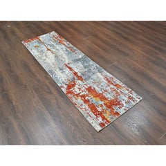 2'6"x8' Orange with Gray Abstract Design Wool and Silk Hand Knotted Runner Rug