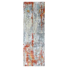 2'6"x8' Orange with Gray Abstract Design Wool and Silk Hand Knotted Runner Rug