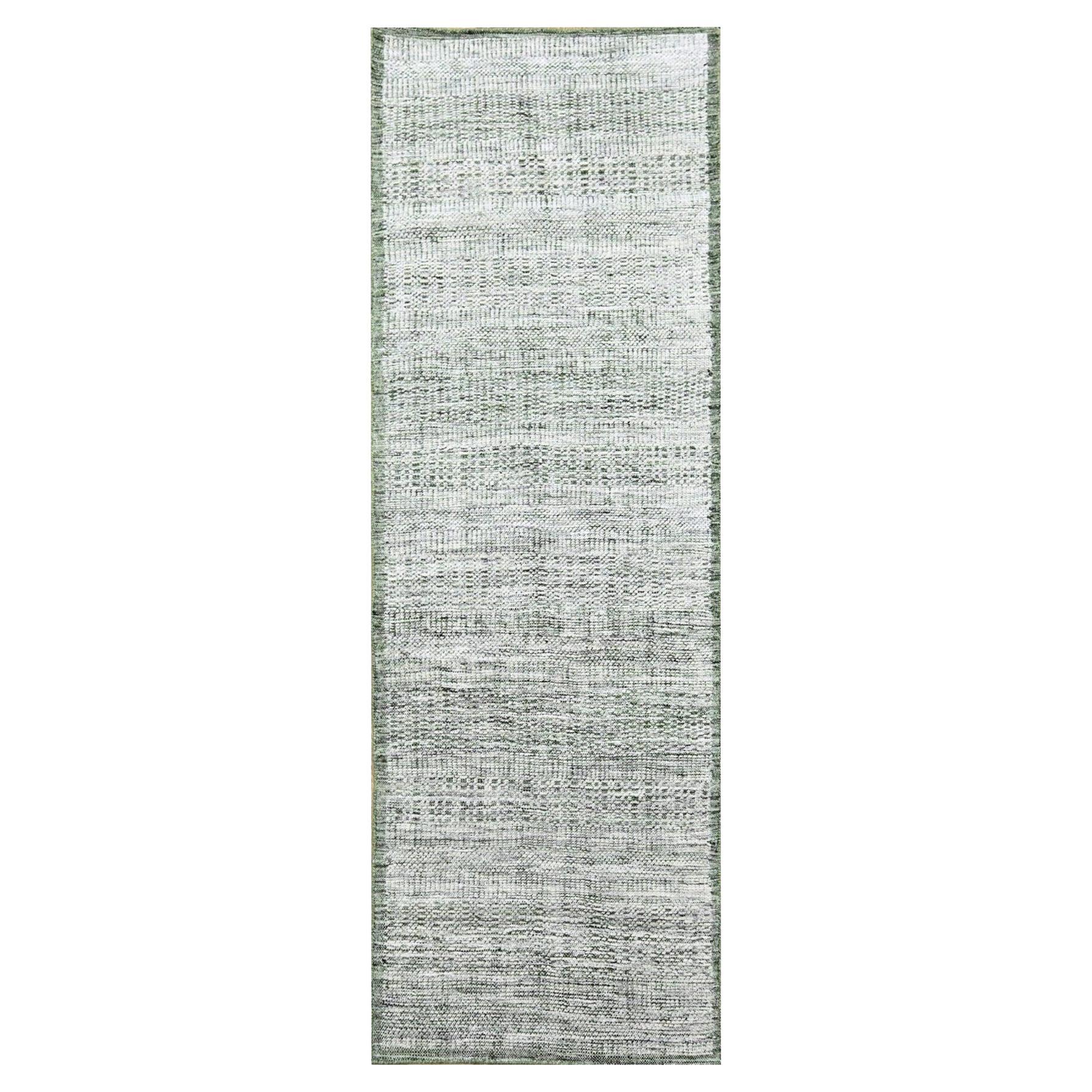 2'6 "x8' Weiß & Grün 100% Wolle Handgeknüpft Oxidiert Gras Design Läufer Teppich