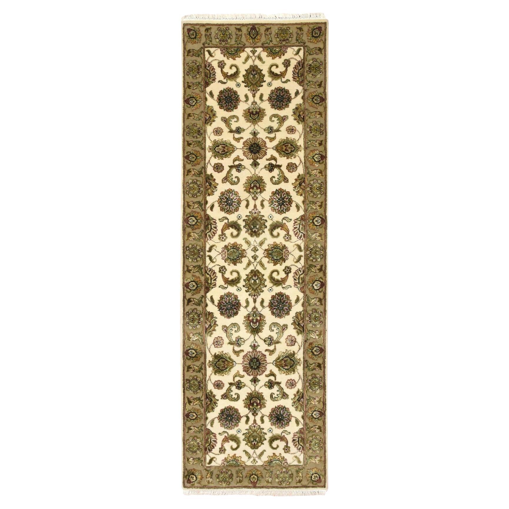 Tappeto Runner in lana e seta annodato a mano con design a foglie del Rajasthan bianco 2'6 "x8'