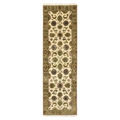 Tappeto Runner in lana e seta annodato a mano con design a foglie del Rajasthan bianco 2'6 "x8'