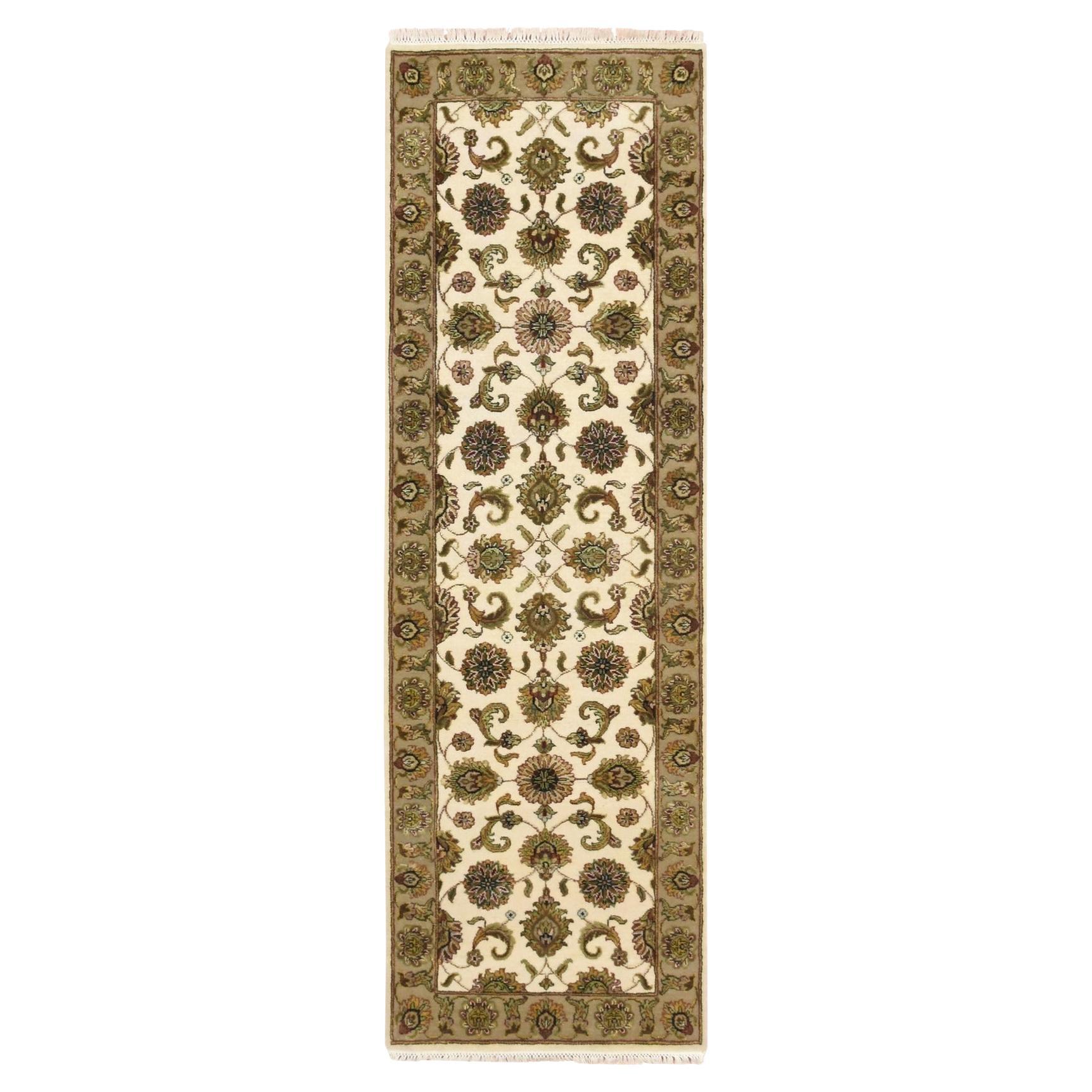 Tappeto Runner in lana e seta annodato a mano 2'6 "x8' bianco Rajasthan con design a foglie