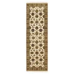 Tappeto Runner in lana e seta annodato a mano 2'6 "x8' bianco Rajasthan con design a foglie