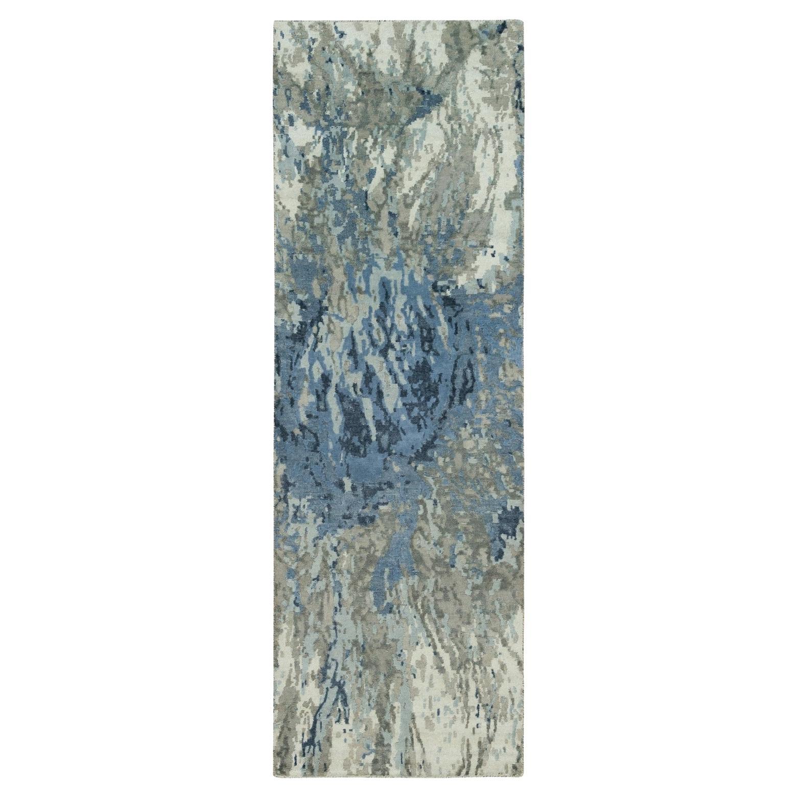 2'6 "x8' Yonder Blue Galaxy Design Tappeto Runner in lana e seta annodato a mano