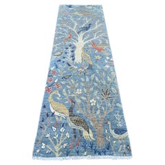 2'6"x8'1" Blue Peshawar Birds of Paradise Design Hand Knotted Wool Runner Rug
