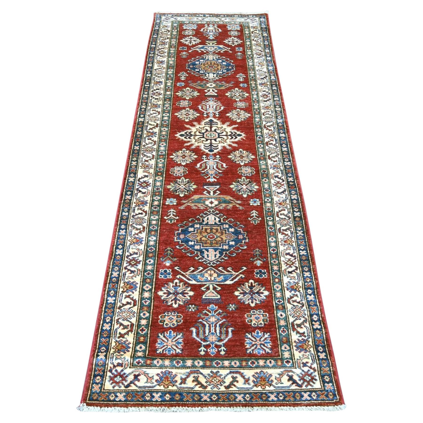 2'6"x8'1" Crimson Red Afghan Super Kazak with Geometric Medallions Wool Rug