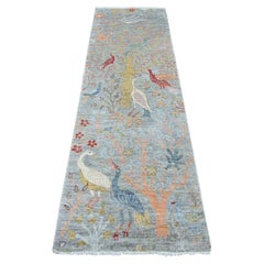 2'6"x8'1" Gray Peshawar Birds of Paradise Design Hand Knotted Wool Runner Rug