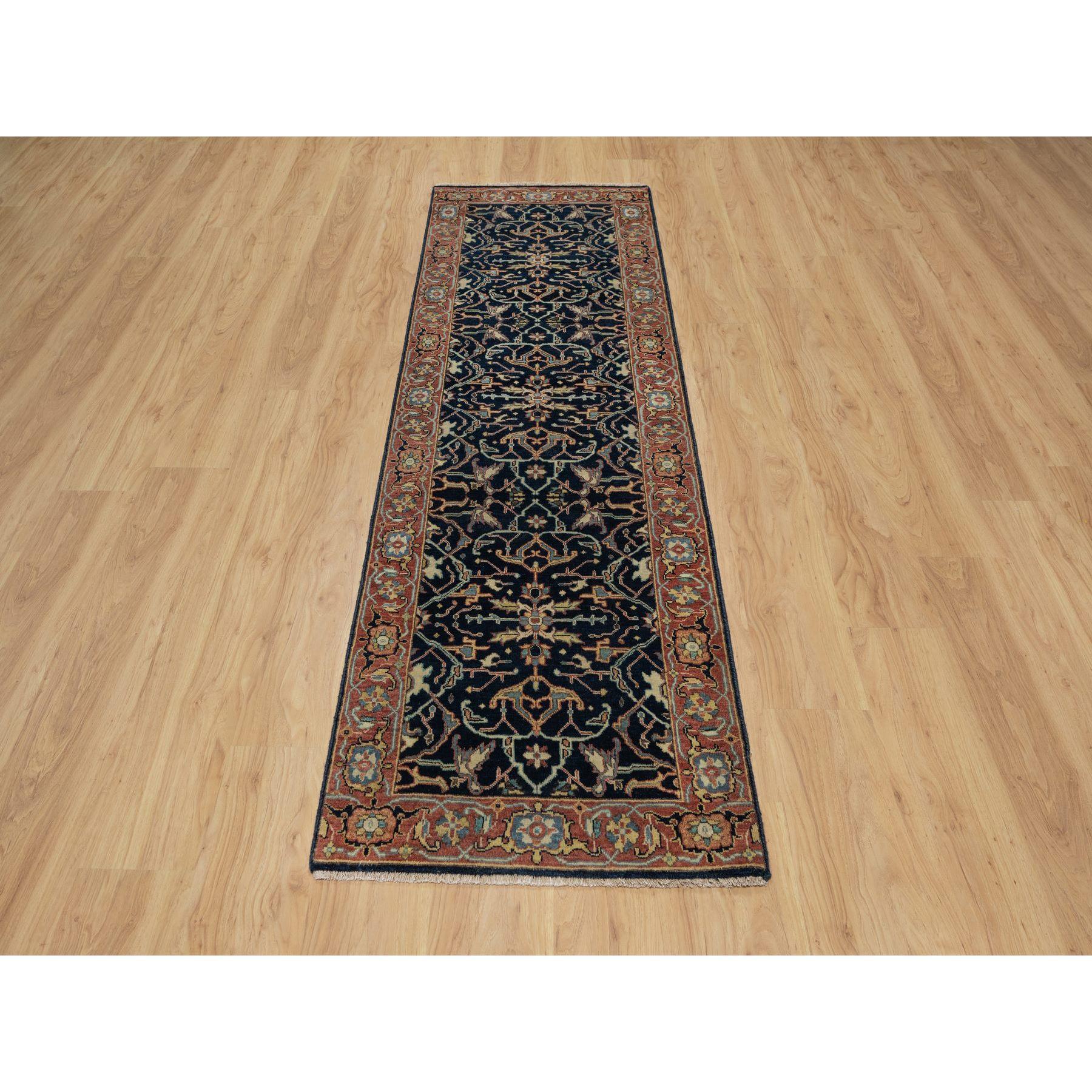 Polo Blue, All Over Vines Design, Lush and Plush, Organic Wool, Densely Woven Antiqued Fine Heriz, Re-Creation, Hand Knotted, Runner, Oriental Rug
Primary materials: Wool
Latex: No Pile 
height: 0.25 Inches
Style: Traditional
Primary color: