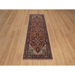 2'6"x8'1" Red Aniqued Fine Heriz Re-Creation Soft Wool Hand Knotted Runner Rug