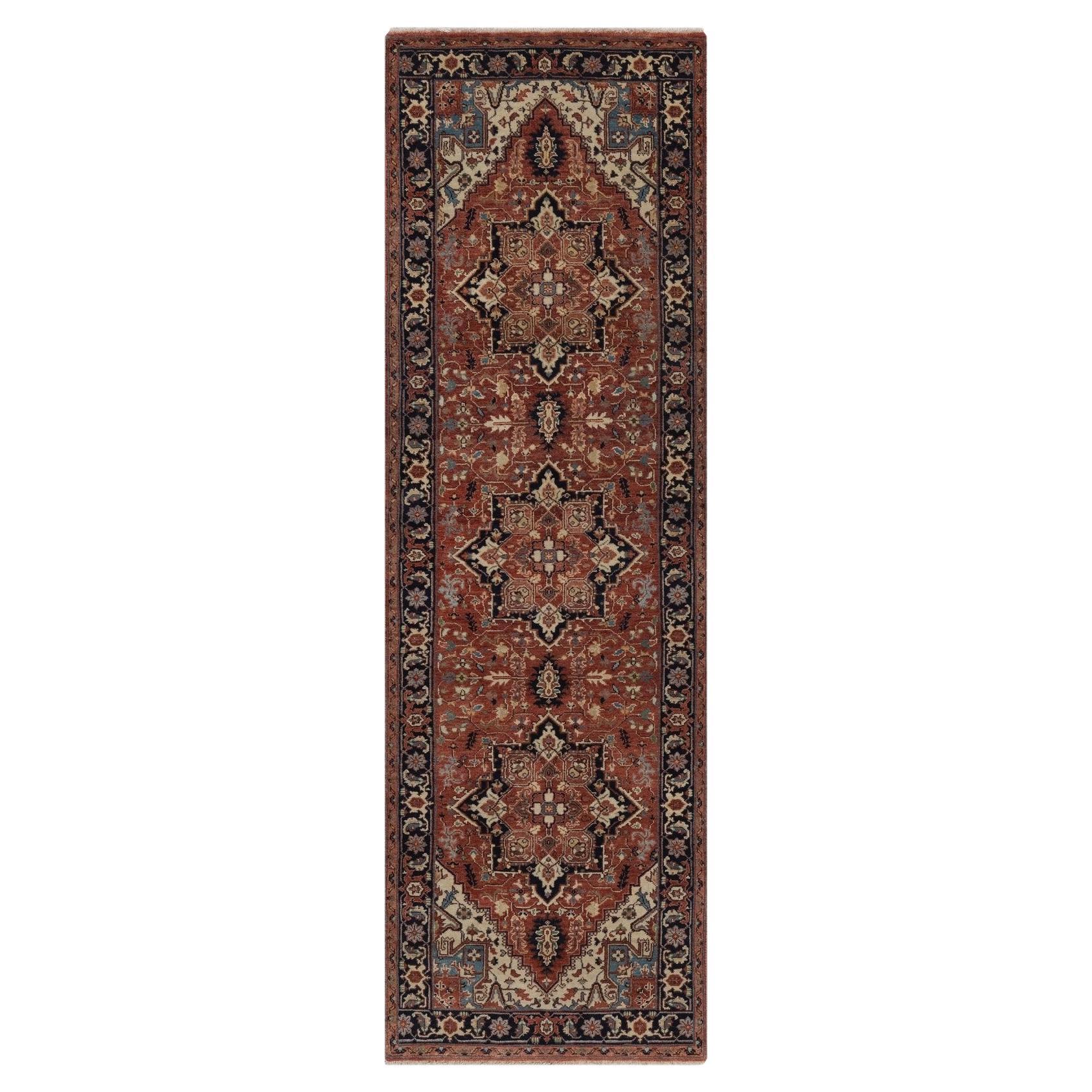 2'6"x8'1" Red Aniqued Fine Heriz Re-Creation Soft Wool Hand Knotted Runner Rug For Sale