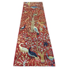 2'6"x8'1" Red Hand Knotted Peshawar Birds of Paradise Design Wool Runner Rug