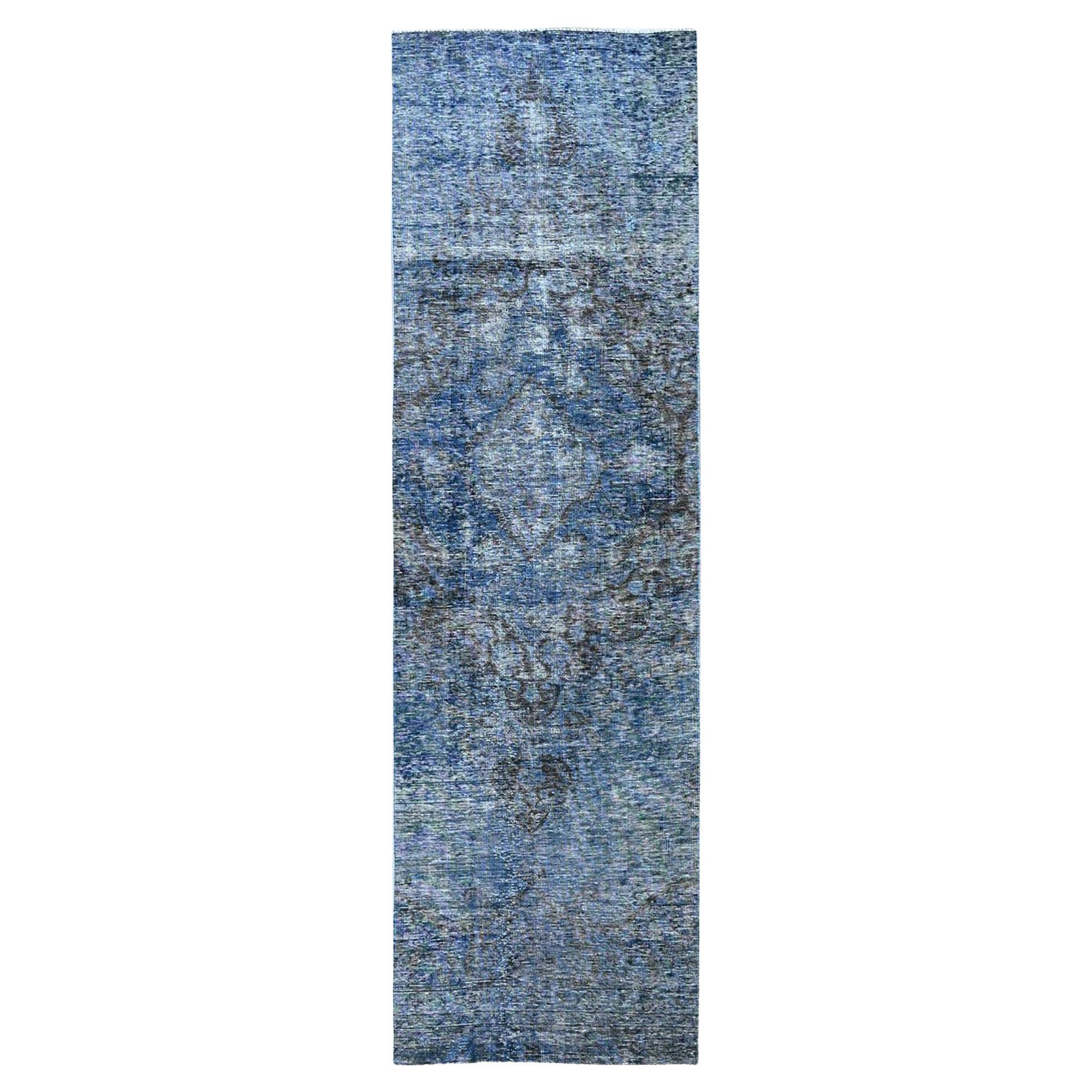 2'6"x8'10" Blue Overdyed Vintage Persian Tabriz Hand Knotted All Wool Runner Rug