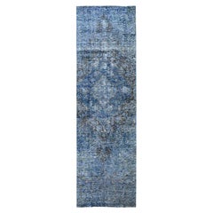 2'6"x8'10" Blue Overdyed Vintage Persian Tabriz Hand Knotted All Wool Runner Rug