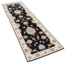 2.6x8.2 ft Hand Knotted Black, Beige Runner Rug. Floral Corridor Rug for Hallway
