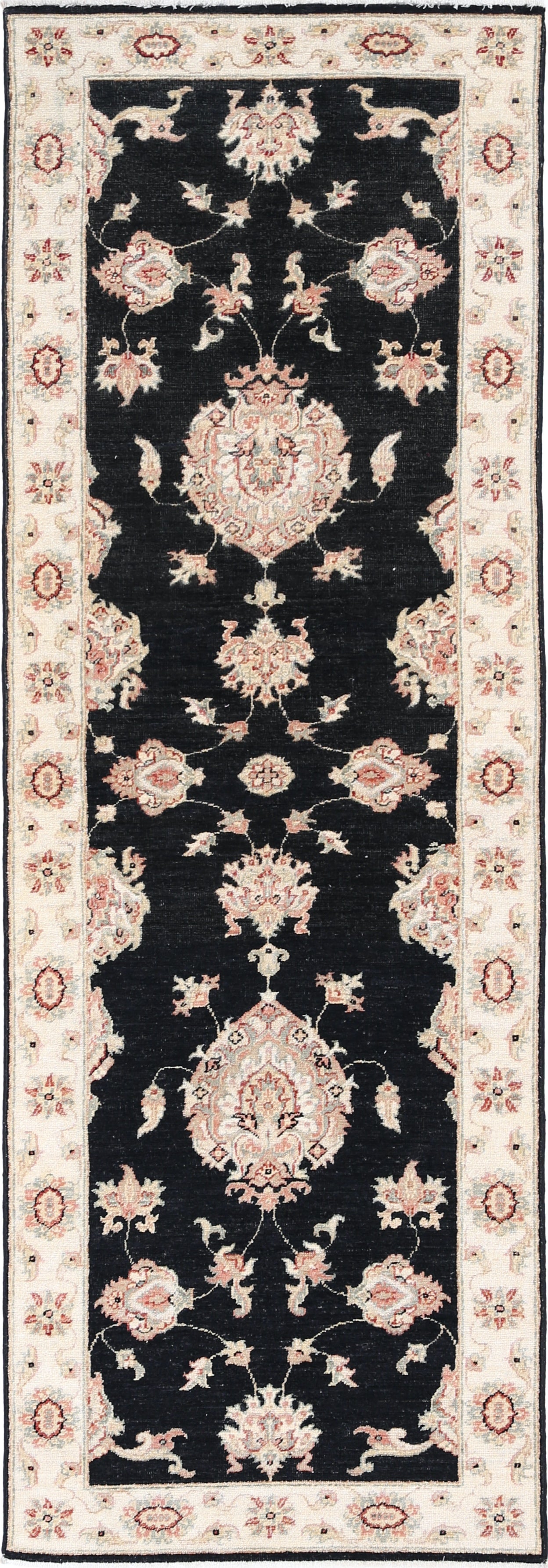 2.6x8.2 ft Hand Knotted Black, Beige Runner Rug. Floral Corridor Rug for Hallway For Sale