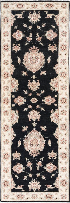 2.6x8.2 ft Hand Knotted Black, Beige Runner Rug. Floral Corridor Rug for Hallway