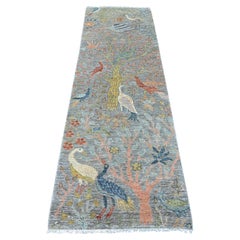 2'6 "x8'2" Grau Afghan Peshawar Vögel Design Hand geknüpft weiche Wolle Läufer Teppich